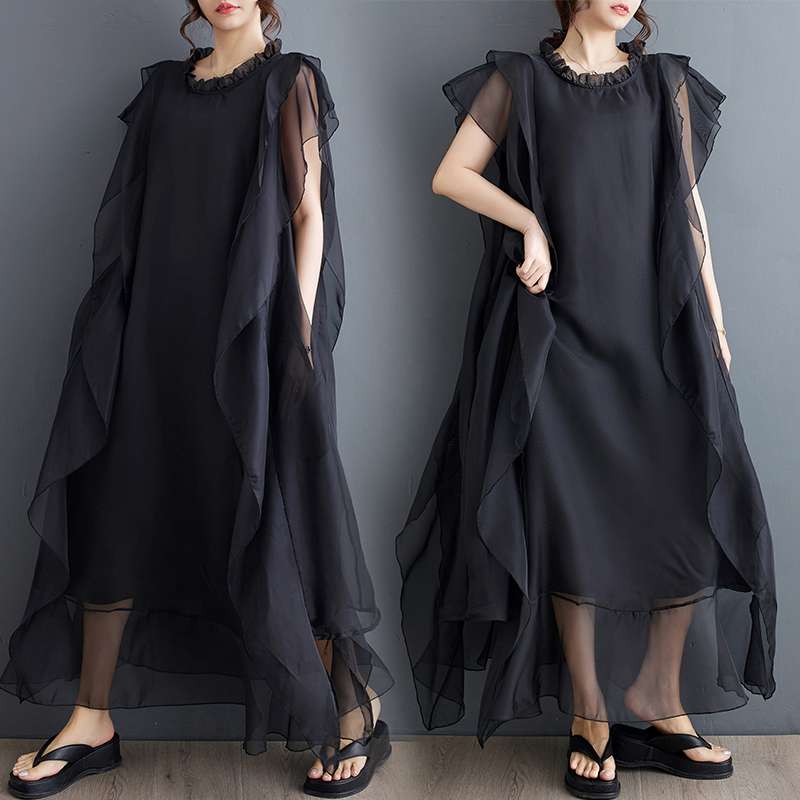 モード系ファッション 【フリーサイズ／ゆったり設計】アシンメトリーレイヤード×シアーワンピース（ブラック）