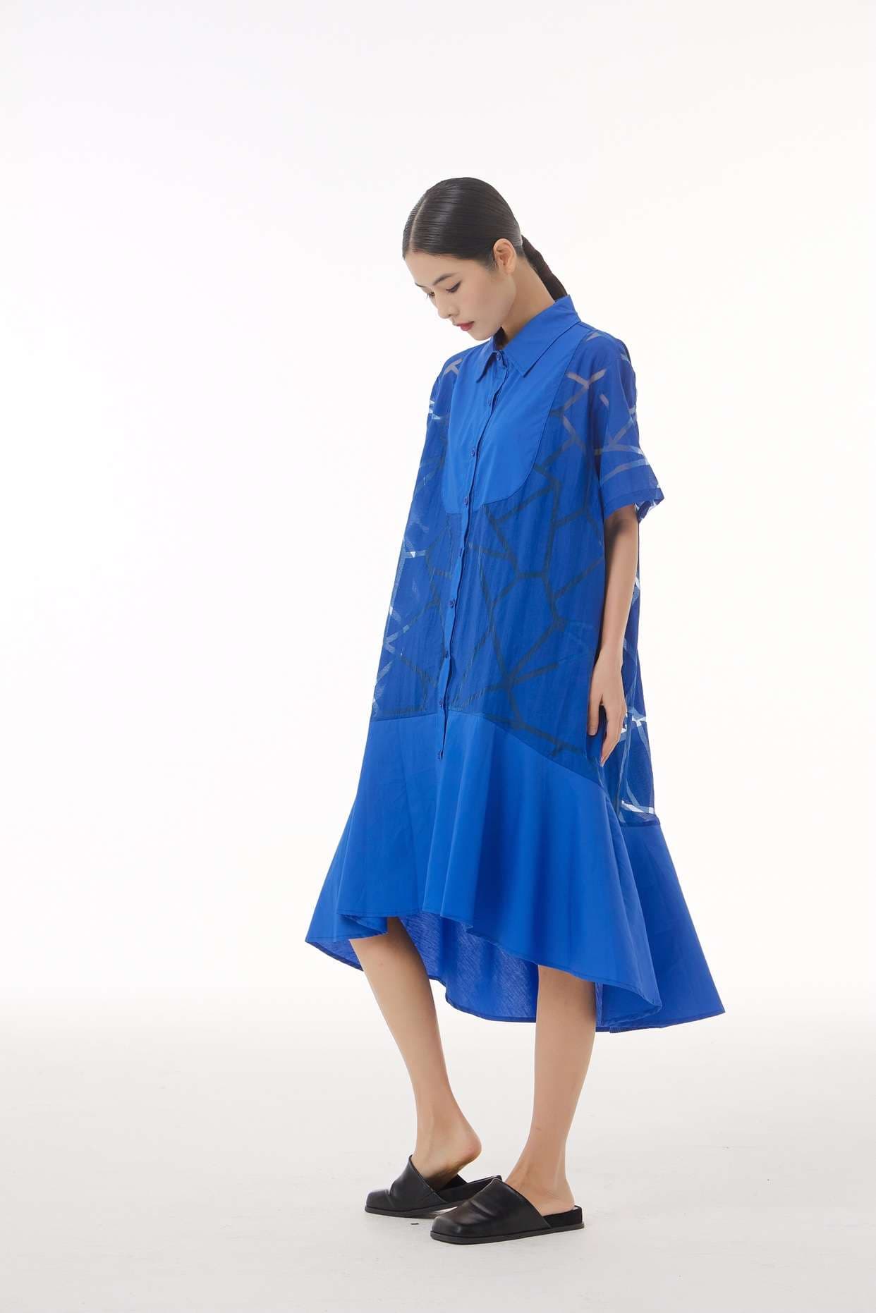 モード系ファッション 【M〜2XL対応】幾何学柄シースルー×シャツデザインワンピース（3色展開）