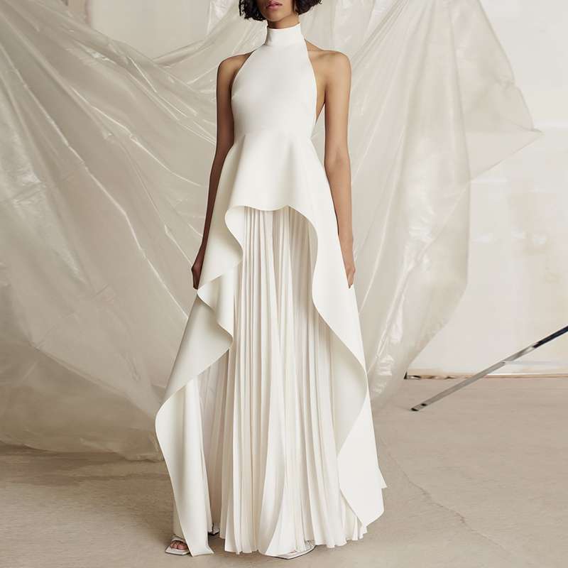 モード系ファッション モノトーンコントラストプリーツドレス