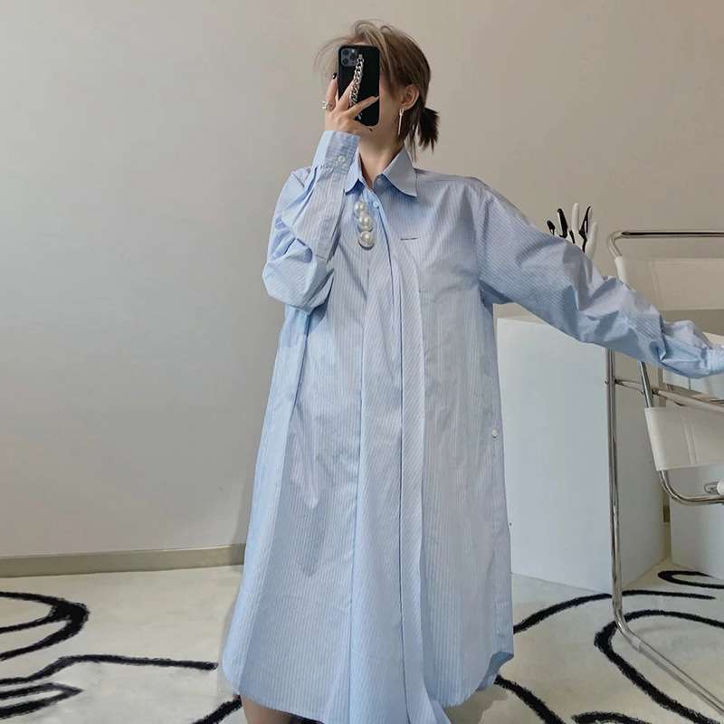 モード系ファッション アシンメトリーデザイン ストライプシャツドレス