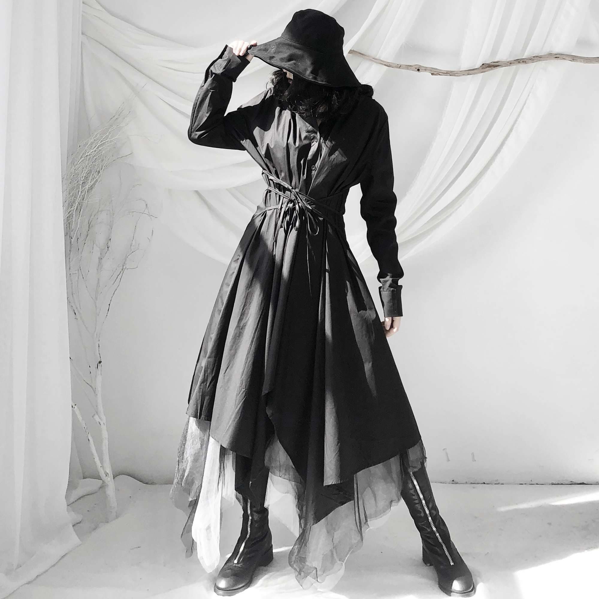 モード系ファッション ドレープシルエット マキシ丈コートワンピース