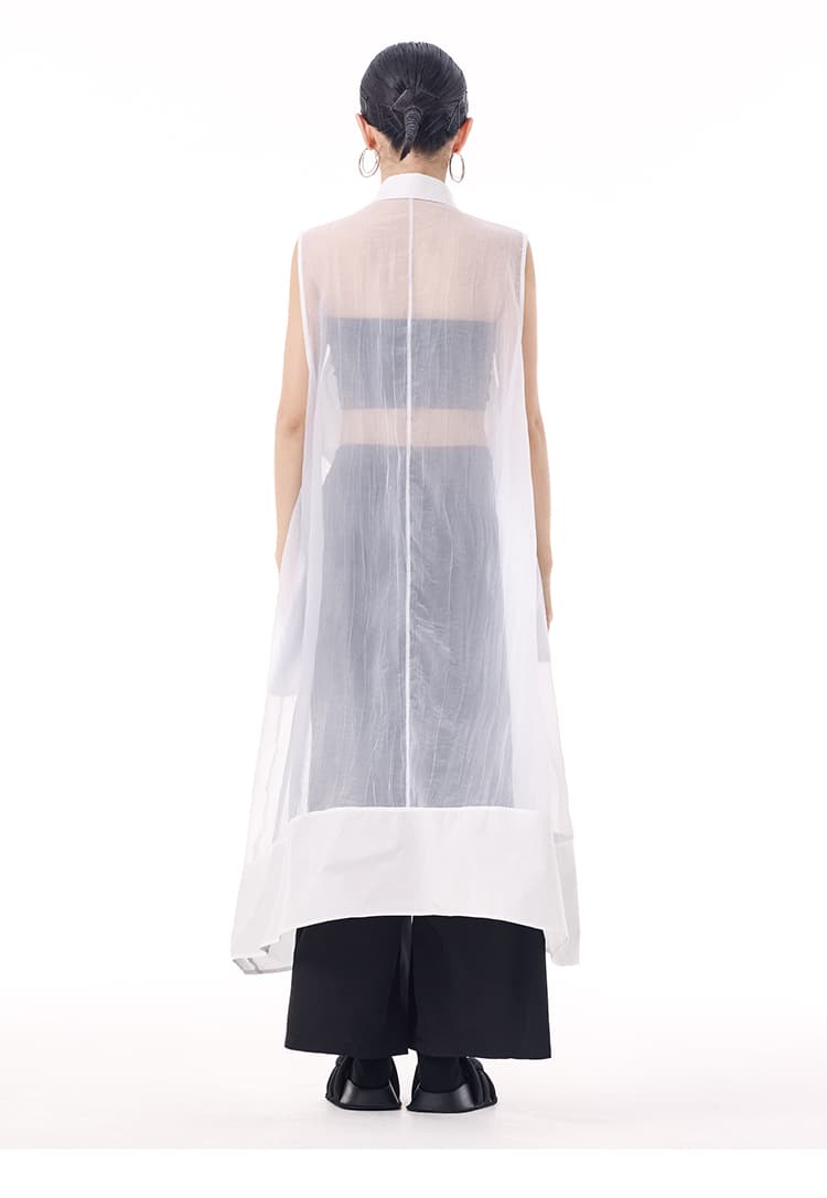 モード系 モード感溢れるシアーロングシャツ｜ノースリーブ・透け感・アシンメトリーデザイン・ホワイト／ブラック