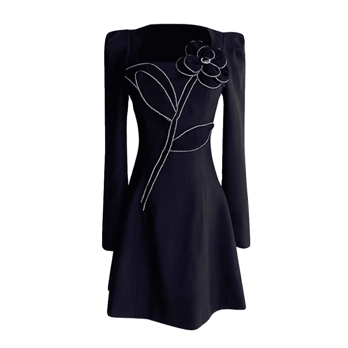 モード系ファッション エレガントフラワーモチーフブラックミニドレス