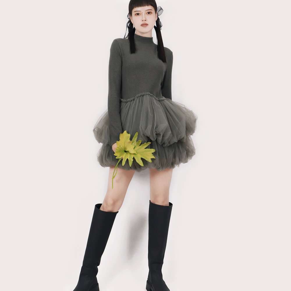 モード系ファッション エコシックなチュール2段バルーンワンピース