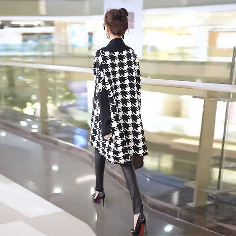 モード系ファッション 《2025秋冬新作》体型カバー×高級素材◆ウール混千鳥柄ジャケット／ロング丈アウター／レディースゆったり大きめサイズ対応／M-2XL展開
