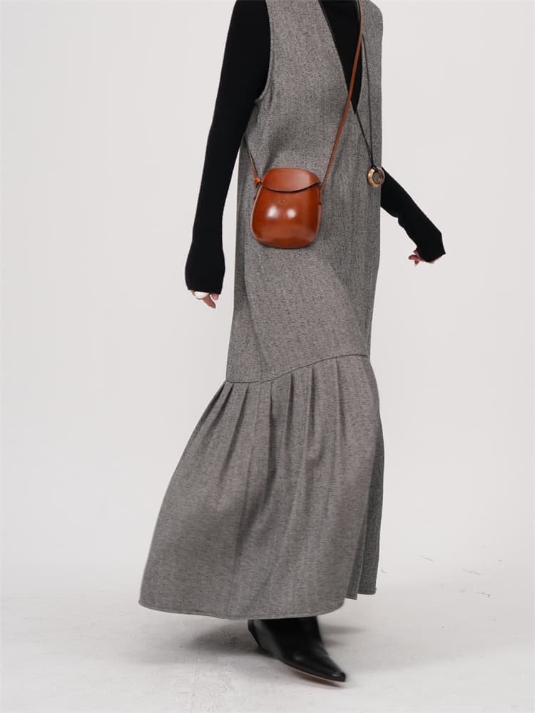 モード系 【S〜XL】深V×起毛ツイード見え フィッシュテールワンピース