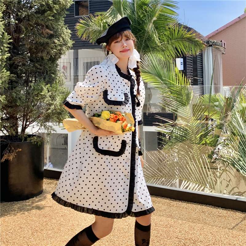 モード系ファッション レトロポルカドット柄ツーピースセット