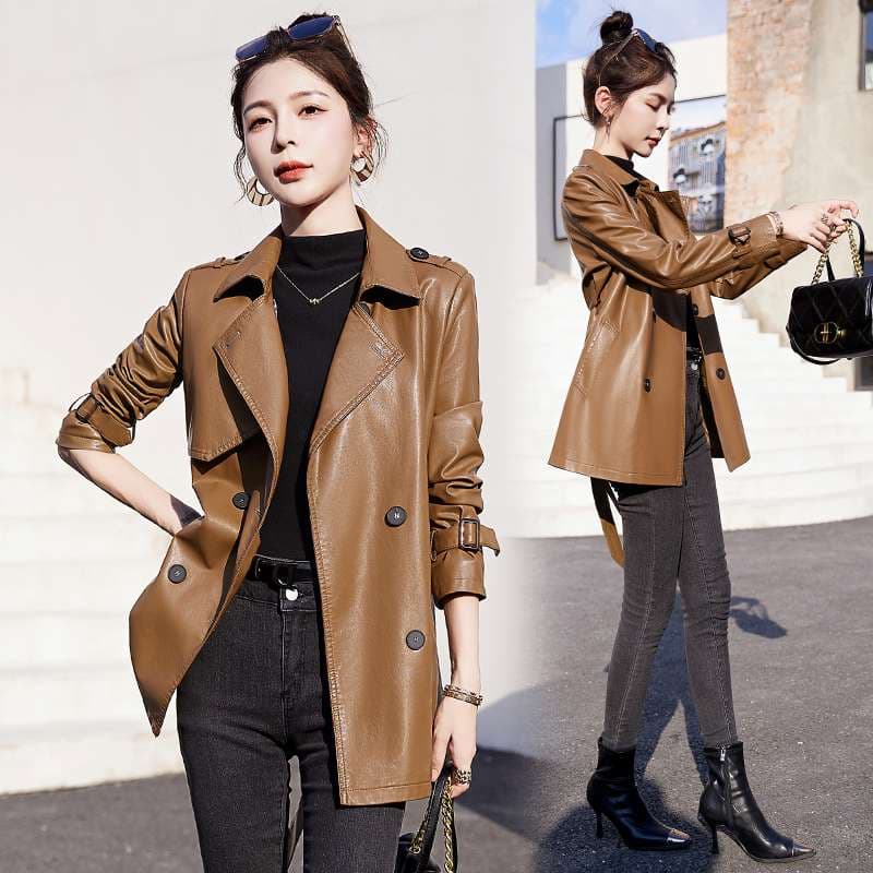 モード系ファッション スタイリッシュレザー風トレンチコート