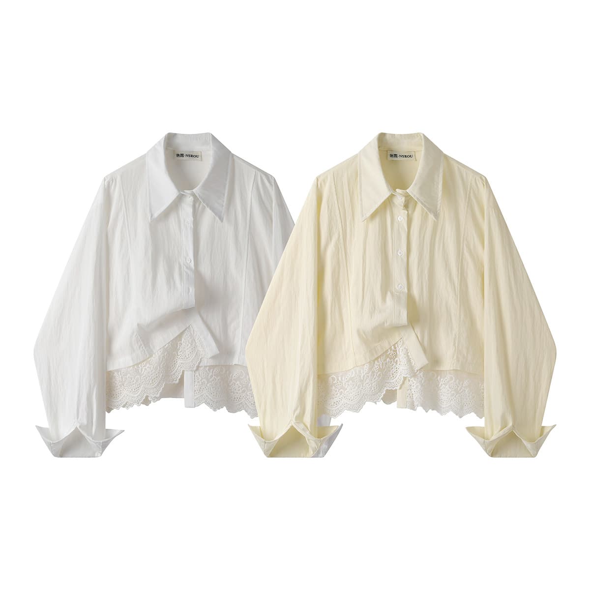 モード系 【M〜XL相当】レース切替 ショート丈シャツ｜レディース シアー レース ブラウス