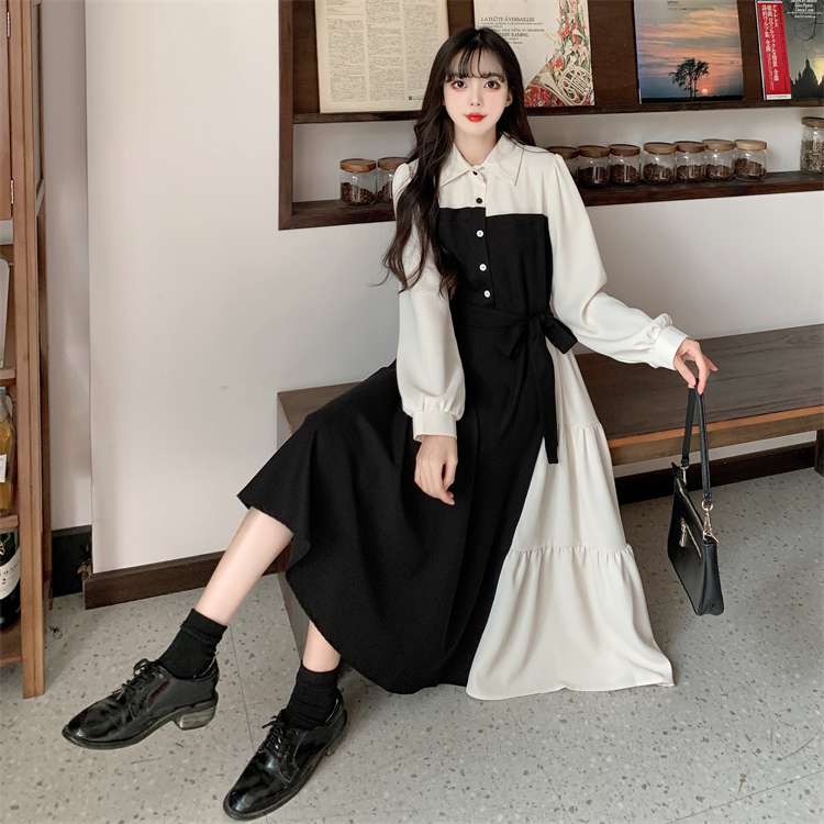 モード系ファッション ワンピース モノトーン配色バイカラーデザインロングワンピース｜美シルエット×Aライン×体型カバー