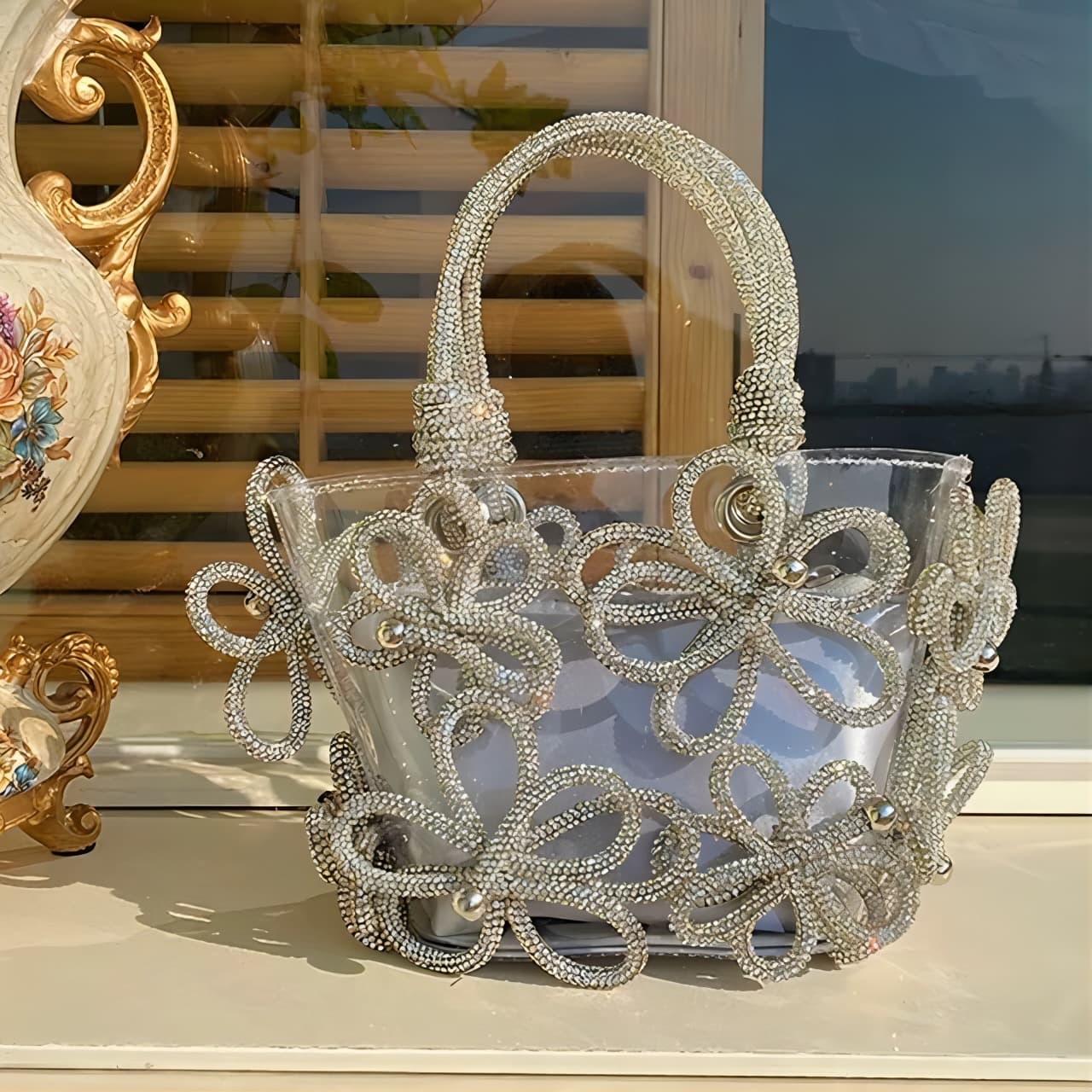 モード系ファッション クリスタルフラワー ビーズバッグ