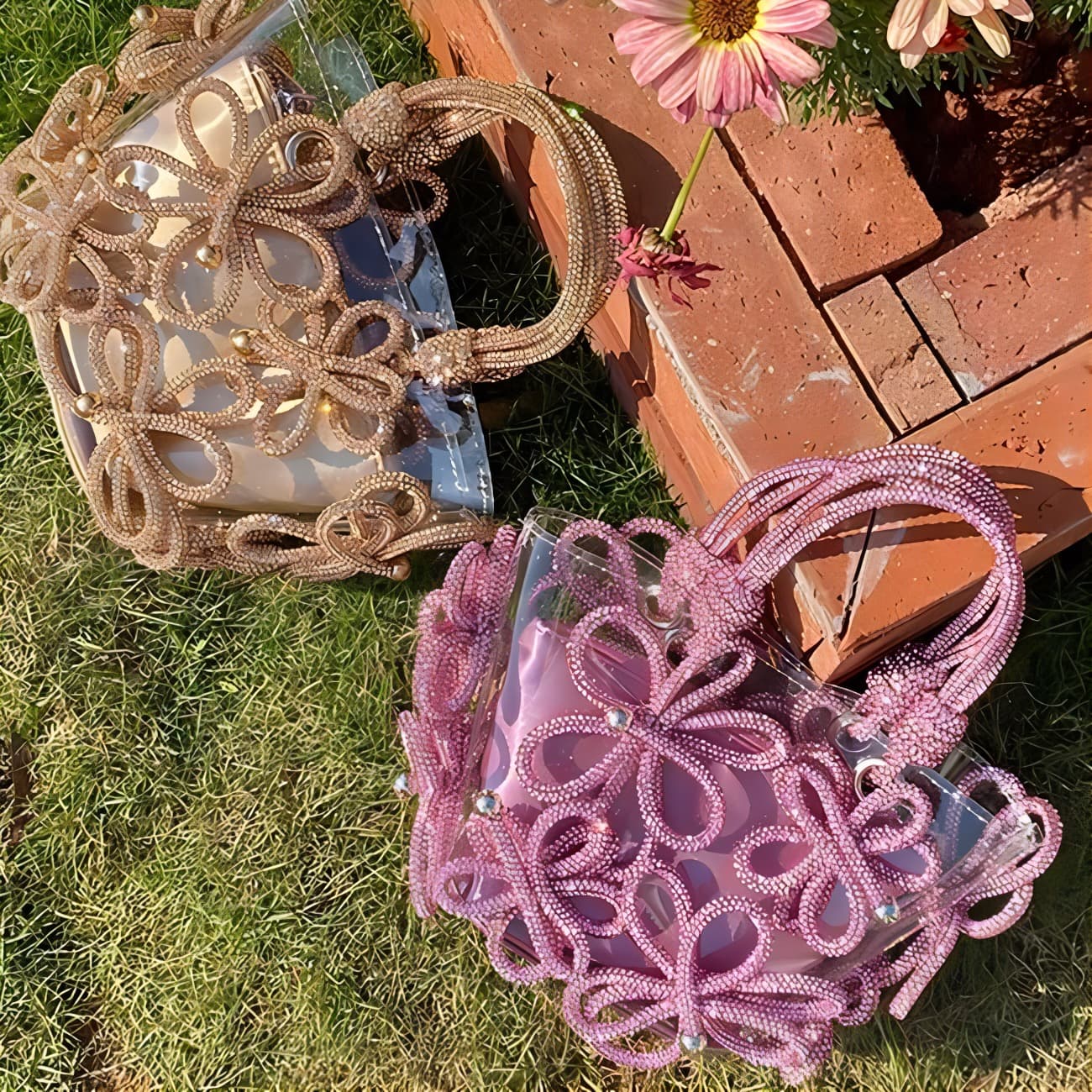 モード系ファッション クリスタルフラワー ビーズバッグ