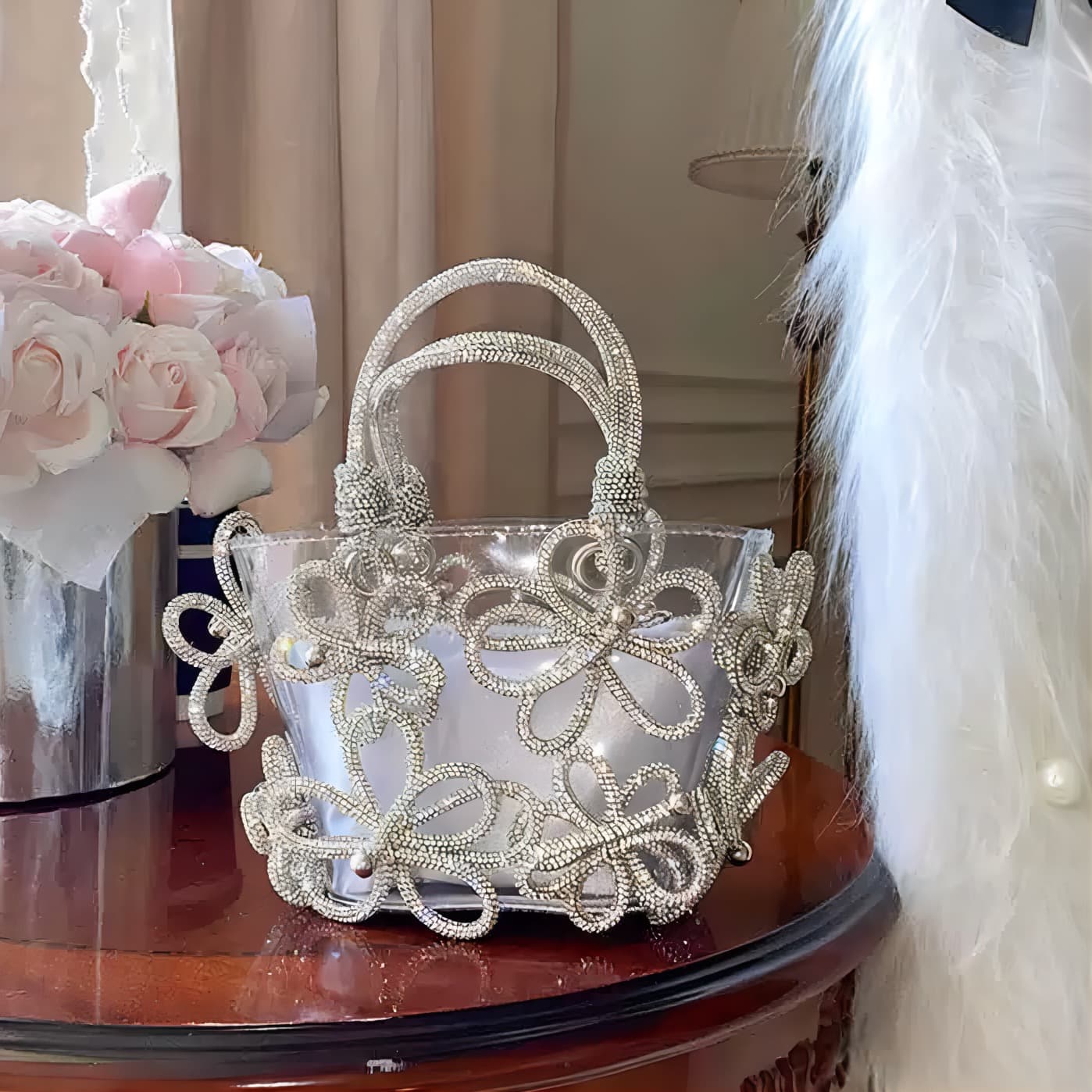 モード系ファッション クリスタルフラワー ビーズバッグ