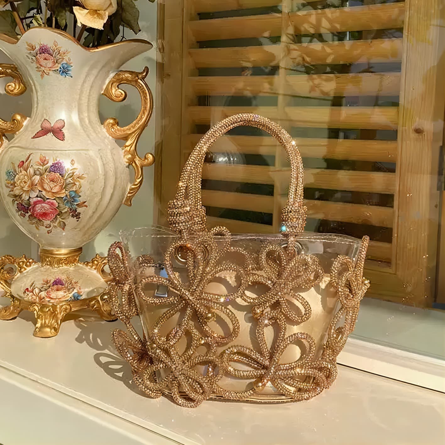 モード系ファッション クリスタルフラワー ビーズバッグ