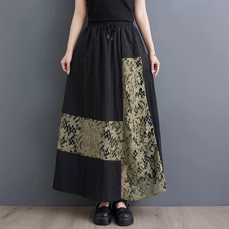 モード系ファッション【ウエストゴム・調整紐付き】レース切替ロングスカート