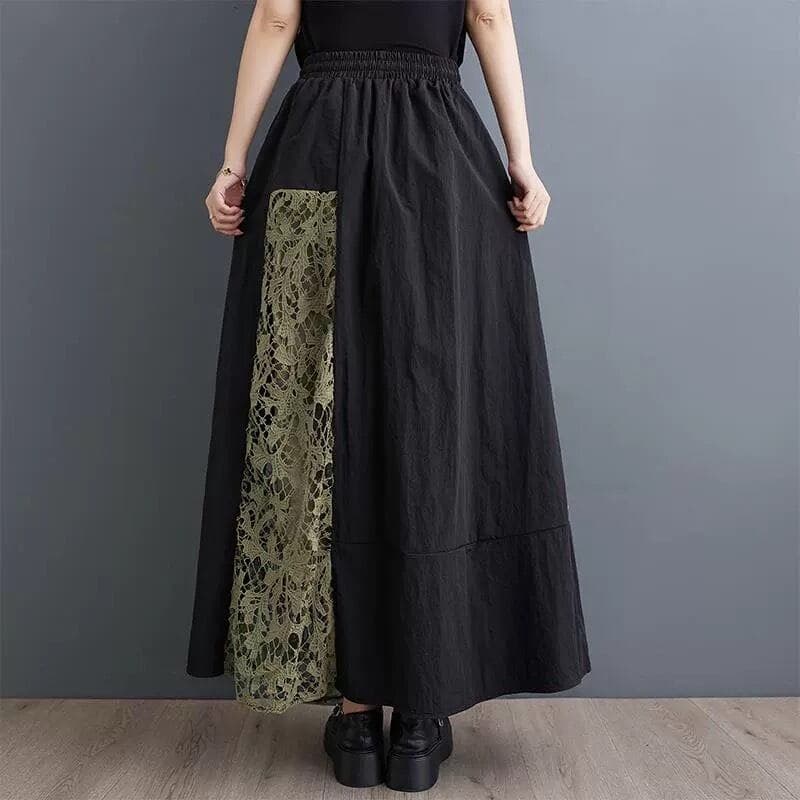 モード系ファッション【ウエストゴム・調整紐付き】レース切替ロングスカート