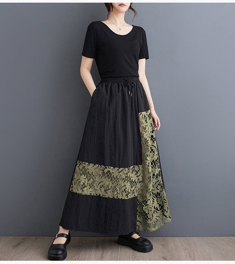 モード系ファッション【ウエストゴム・調整紐付き】レース切替ロングスカート