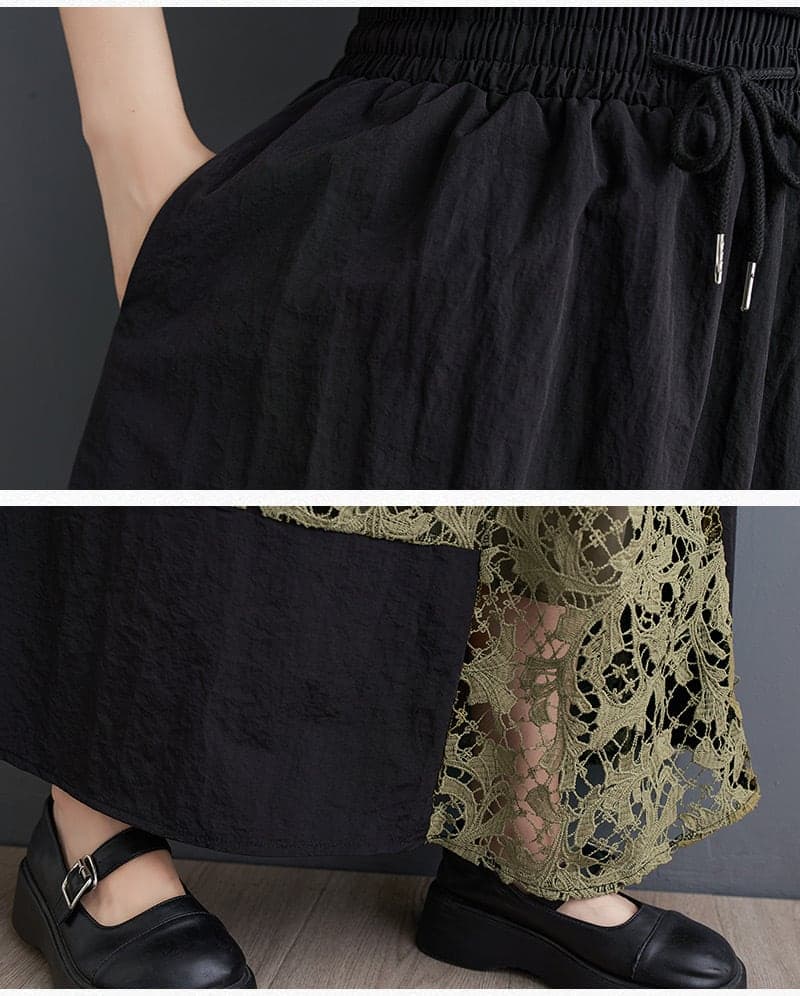 モード系ファッション【ウエストゴム・調整紐付き】レース切替ロングスカート