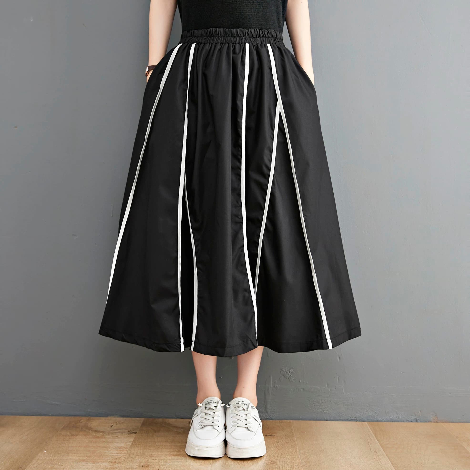 モード系ファッションモード系ストライプフレアスカート｜美シルエット×ウエストゴムで快適スタイルアップ