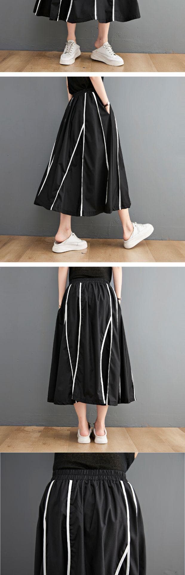 モード系ファッションモード系ストライプフレアスカート｜美シルエット×ウエストゴムで快適スタイルアップ