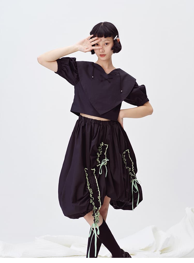 モード系ファッション【S・M展開】リボン×ギャザー装飾バルーンスカート／ブラック
