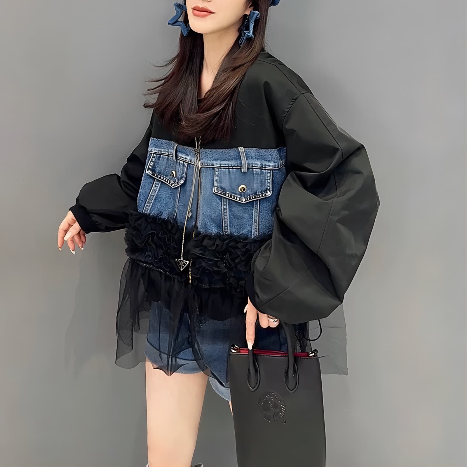 モード系ファッション  今っぽさが即キマる主役ジャケット｜異素材チュール×デニムの洗練レイヤードデザイン