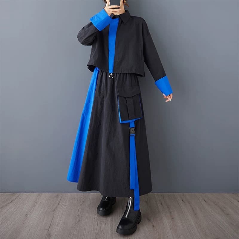 モード系【モード配色】ブルーライン切替 ジップシャツ×フレアスカート セットアップ
