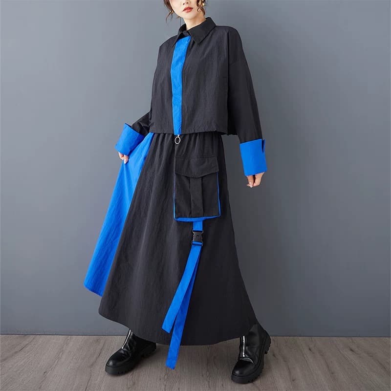 モード系【モード配色】ブルーライン切替 ジップシャツ×フレアスカート セットアップ