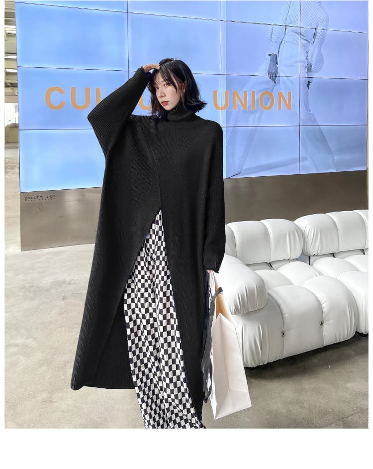 モード系ファッション【ブラック】アシンメトリーデザインのハイネックニットワンピース