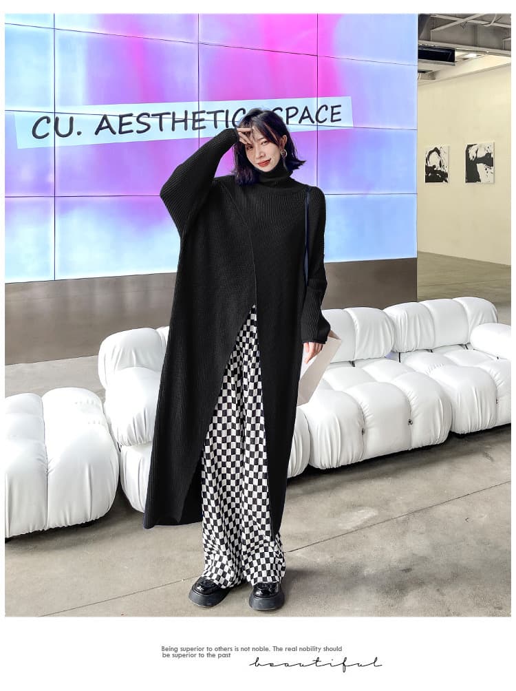 モード系ファッション【ブラック】アシンメトリーデザインのハイネックニットワンピース