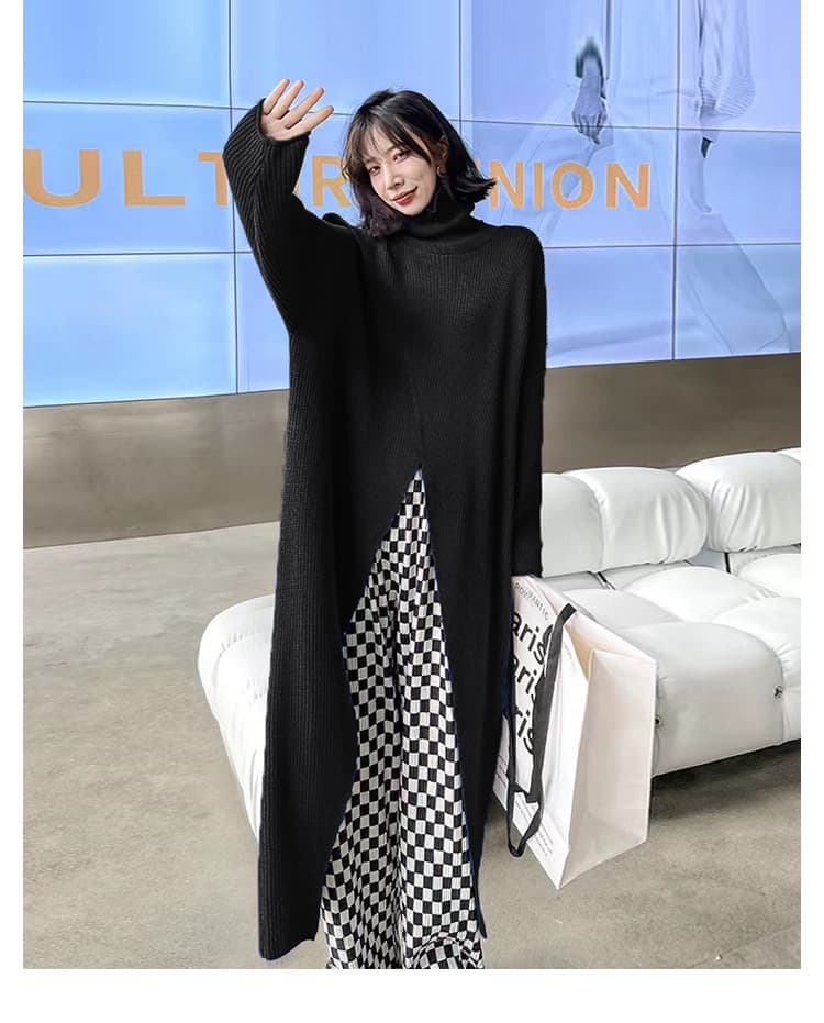 モード系ファッション【ブラック】アシンメトリーデザインのハイネックニットワンピース