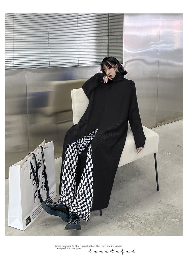 モード系ファッション【ブラック】アシンメトリーデザインのハイネックニットワンピース