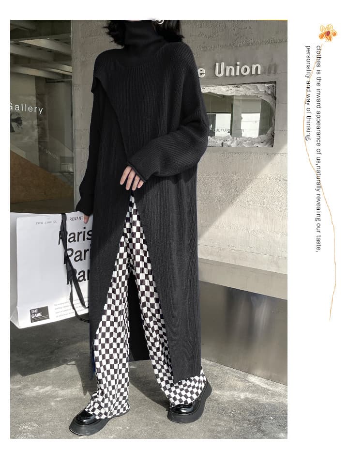 モード系ファッション【ブラック】アシンメトリーデザインのハイネックニットワンピース