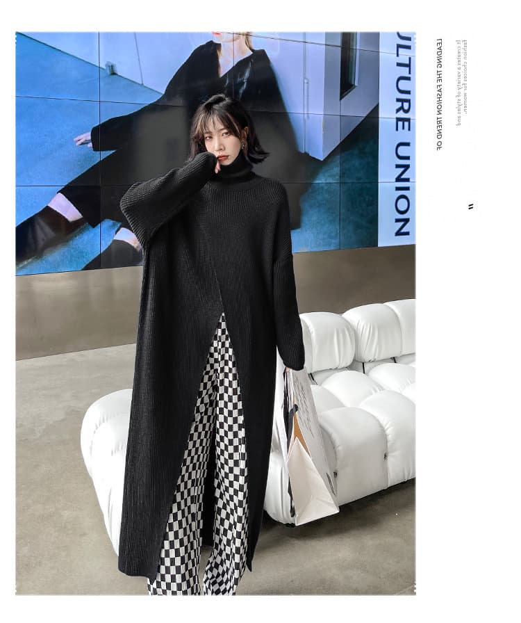 モード系ファッション【ブラック】アシンメトリーデザインのハイネックニットワンピース