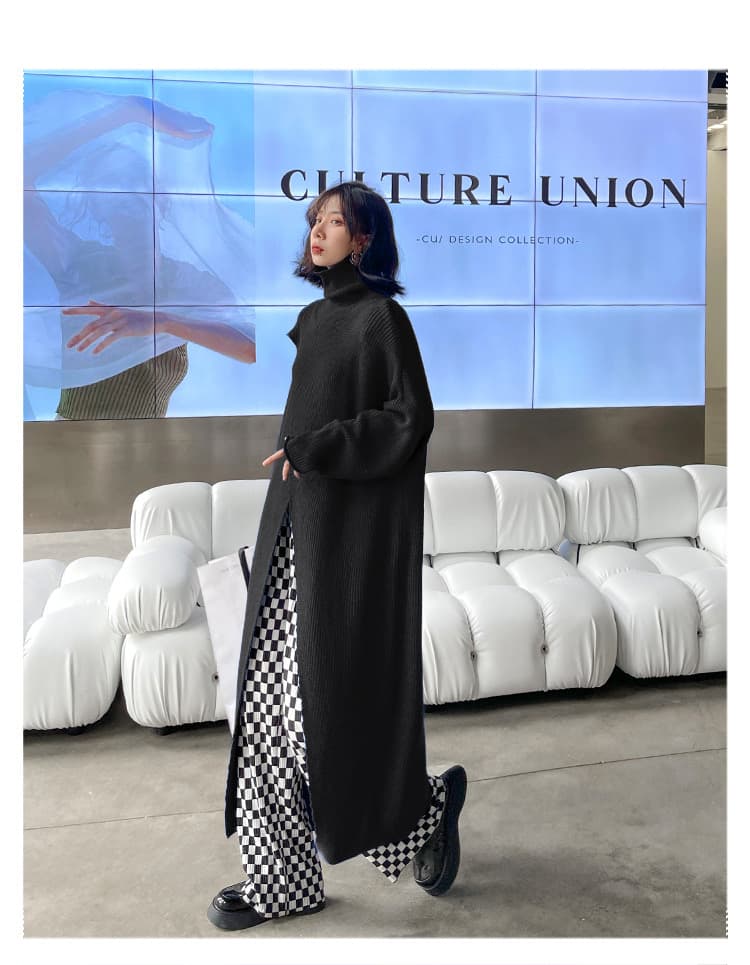 モード系ファッション【ブラック】アシンメトリーデザインのハイネックニットワンピース