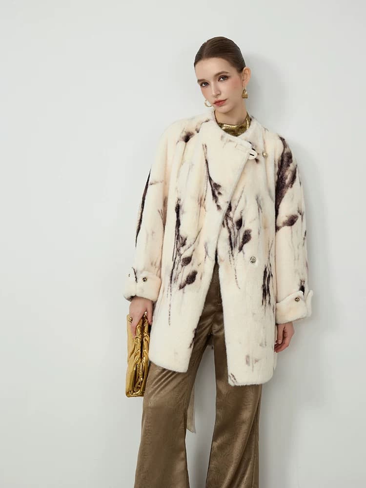 モード系ファッションエレガントなタイダイ柄フェイクファーコート - 冬の主役アウター