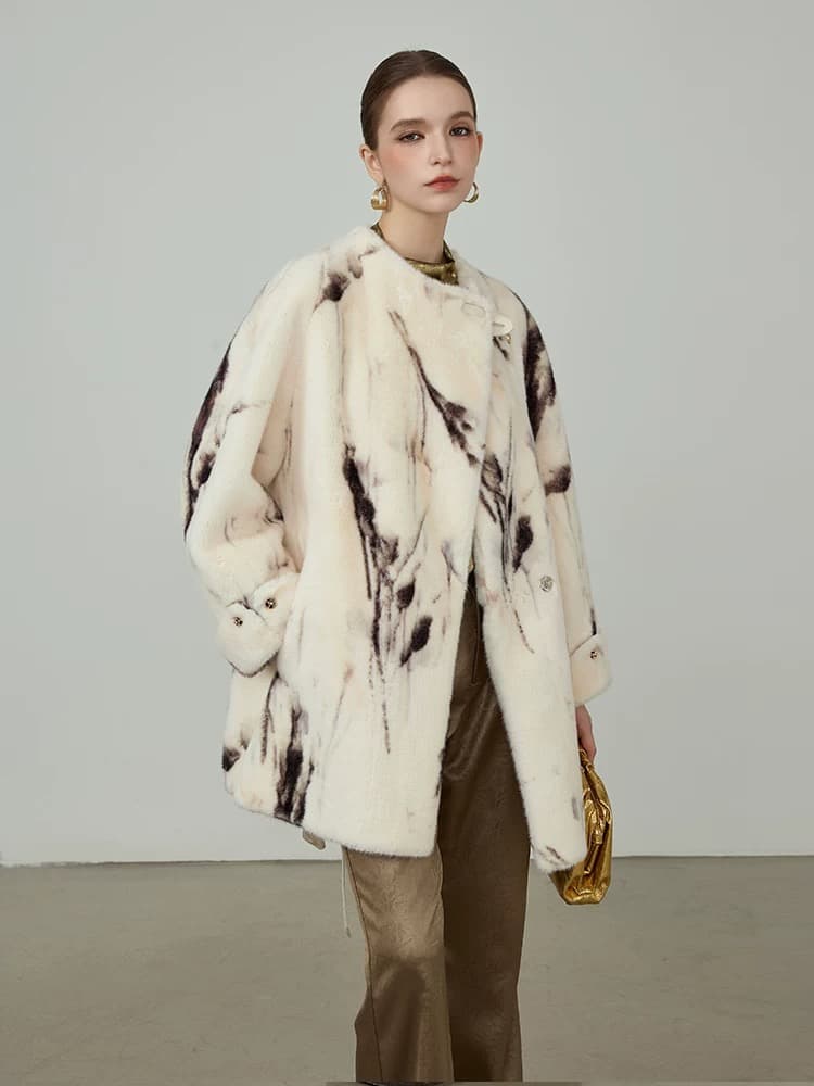 モード系ファッションエレガントなタイダイ柄フェイクファーコート - 冬の主役アウター