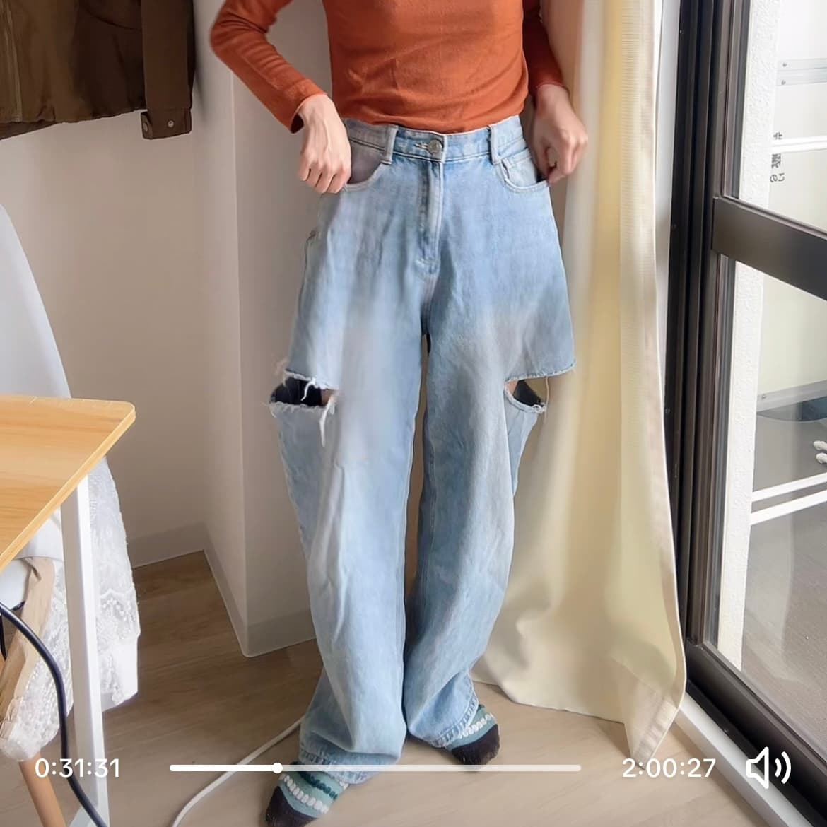 モード系ファッション ルーズフィット プチプラダメージデニムパンツ