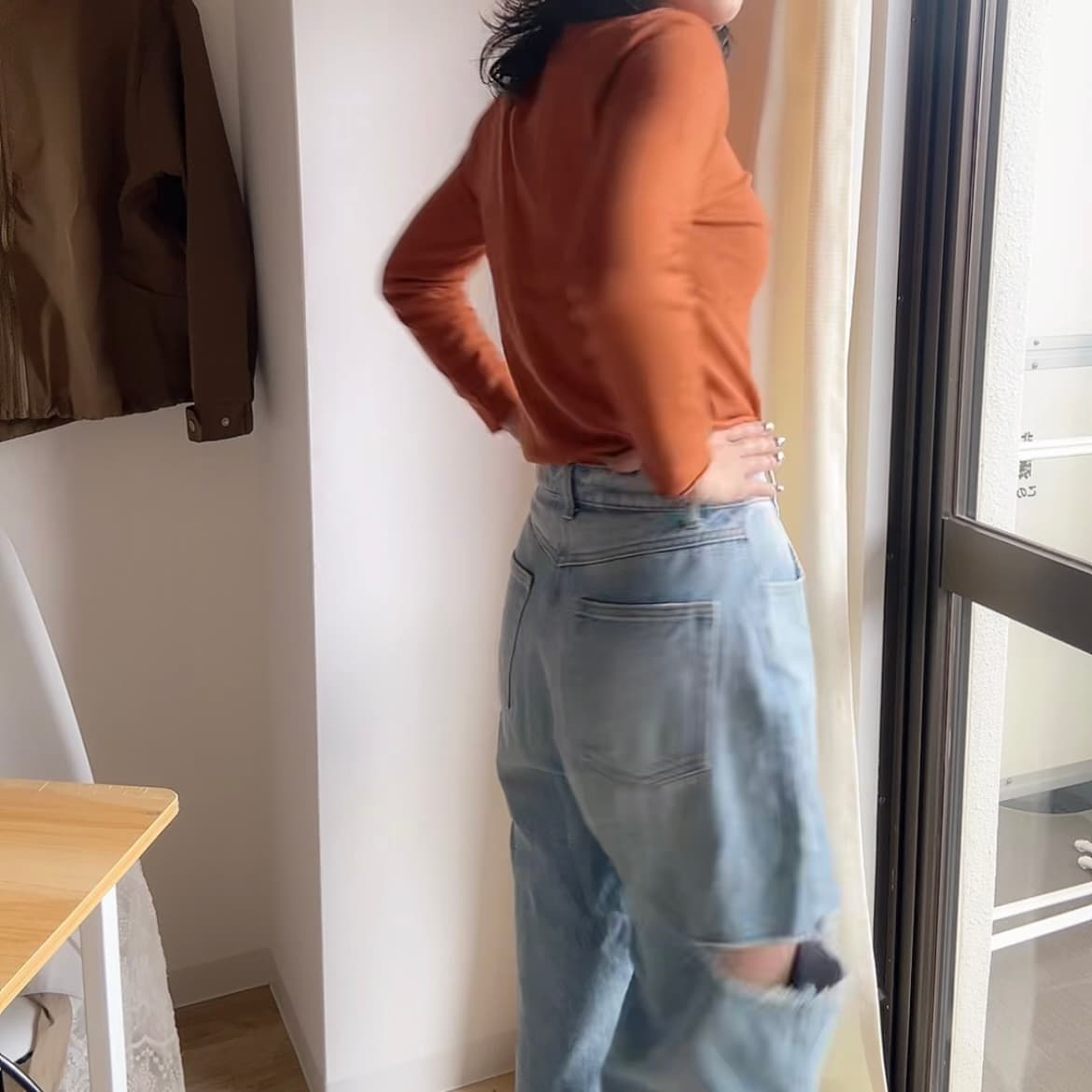 モード系ファッション ルーズフィット プチプラダメージデニムパンツ