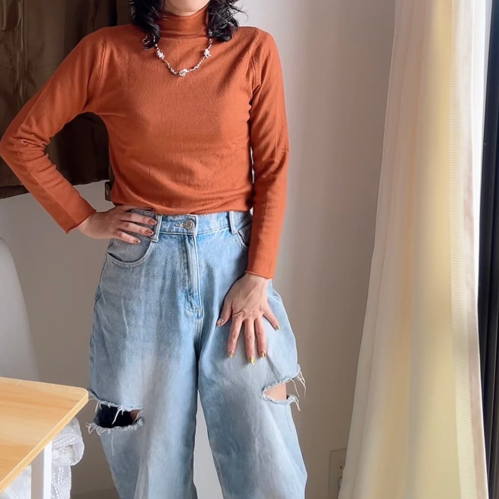 モード系ファッション ルーズフィット プチプラダメージデニムパンツ