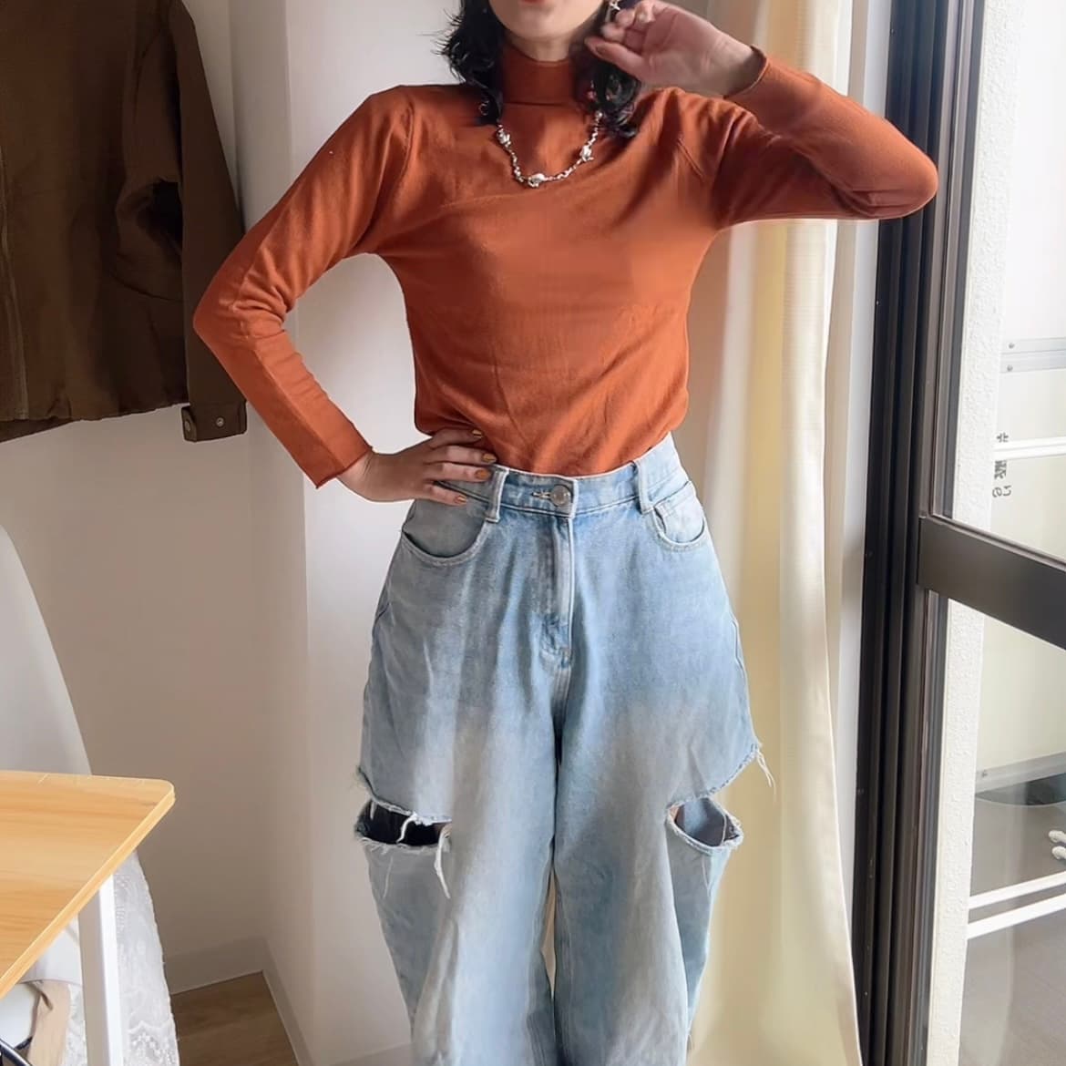 モード系ファッション ルーズフィット プチプラダメージデニムパンツ