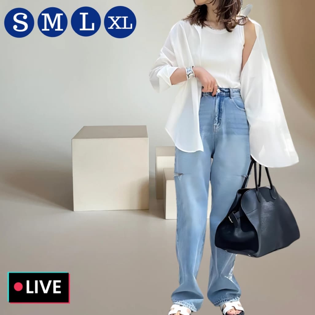 モード系ファッション ルーズフィット プチプラダメージデニムパンツ