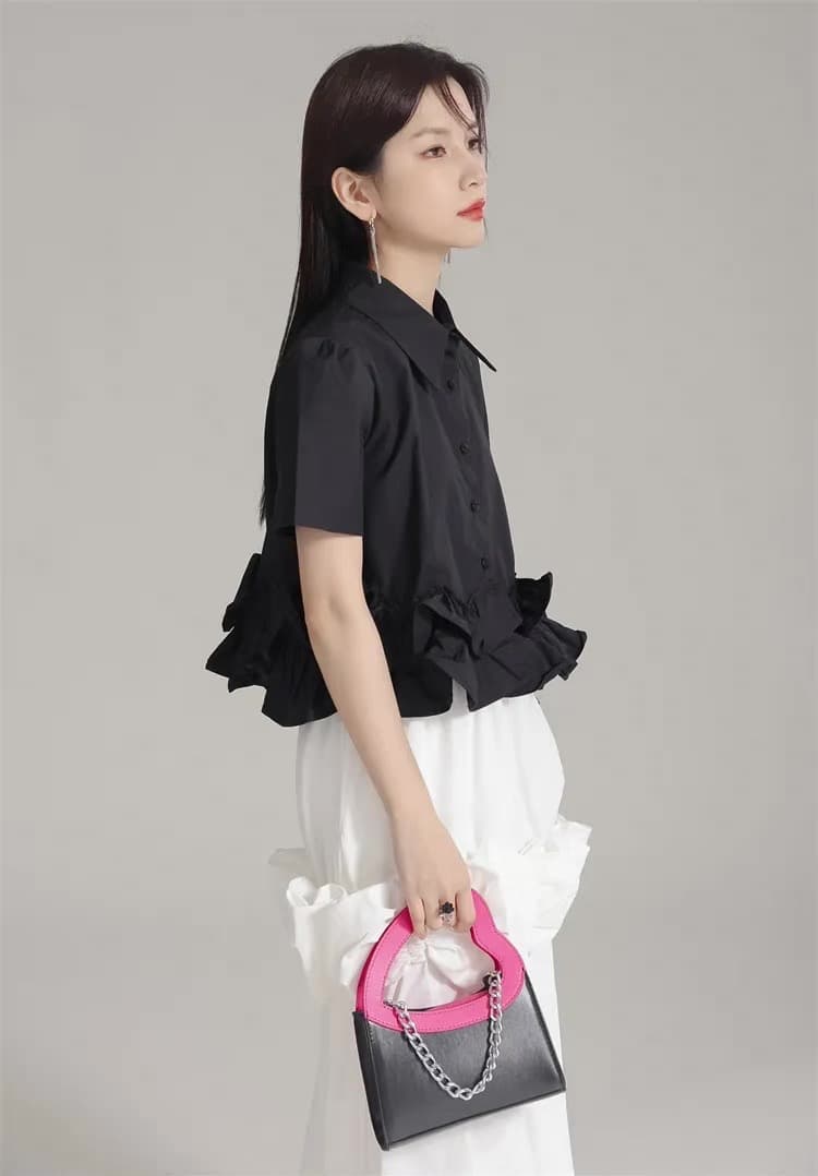 モード系ファッション 3Dフラワーモチーフシャツ｜ボリュームスリーブ｜モード＆エレガント