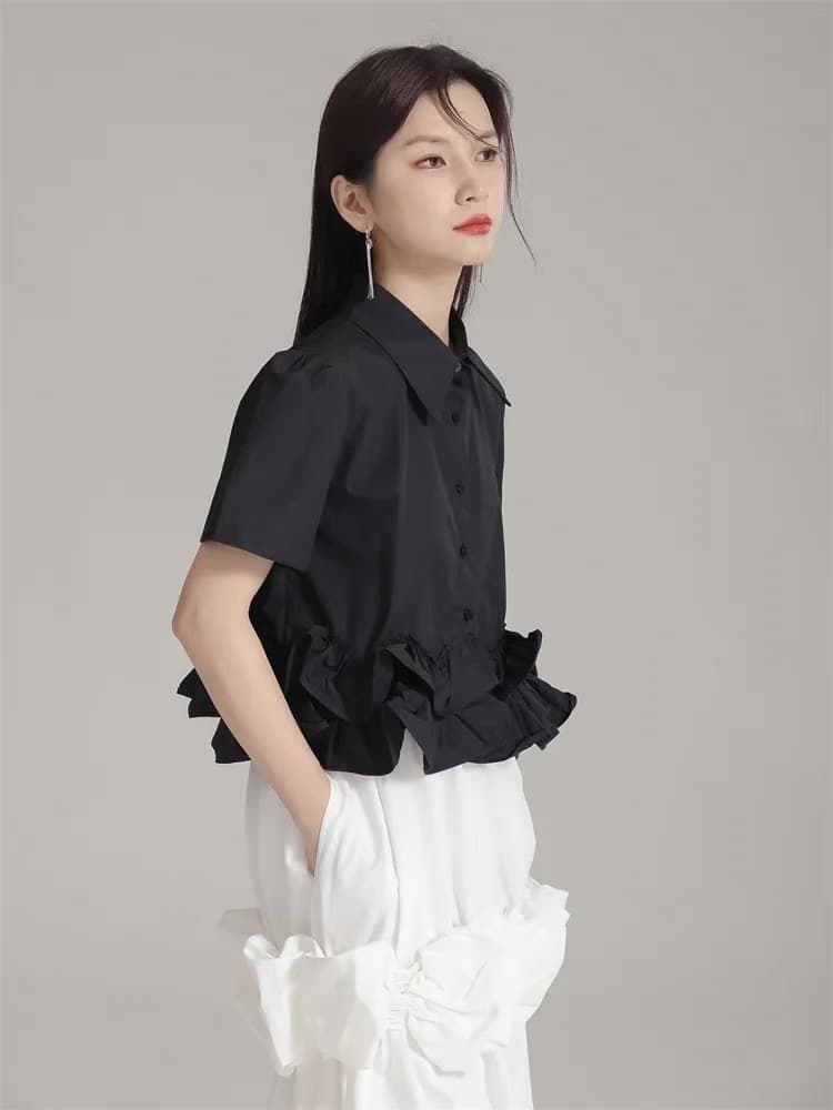 モード系ファッション 3Dフラワーモチーフシャツ｜ボリュームスリーブ｜モード＆エレガント