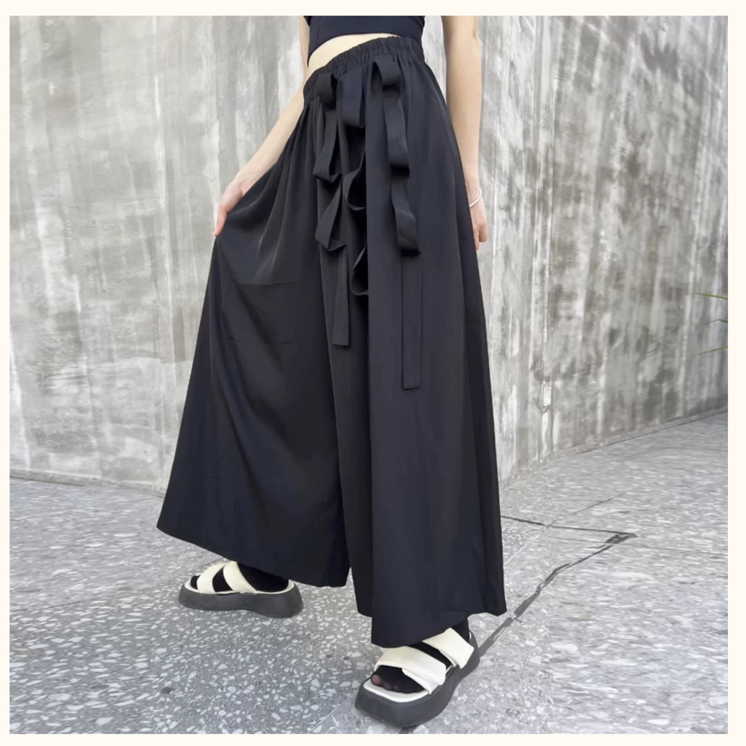 モード系ファッションエフォートレスリボンデザインワイドパンツ - シンプルで洗練された一枚