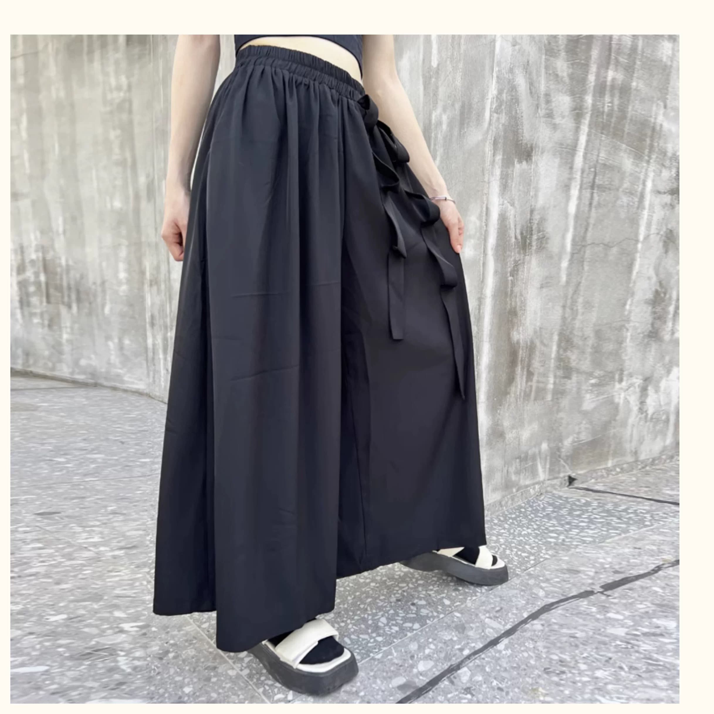 モード系ファッションエフォートレスリボンデザインワイドパンツ - シンプルで洗練された一枚
