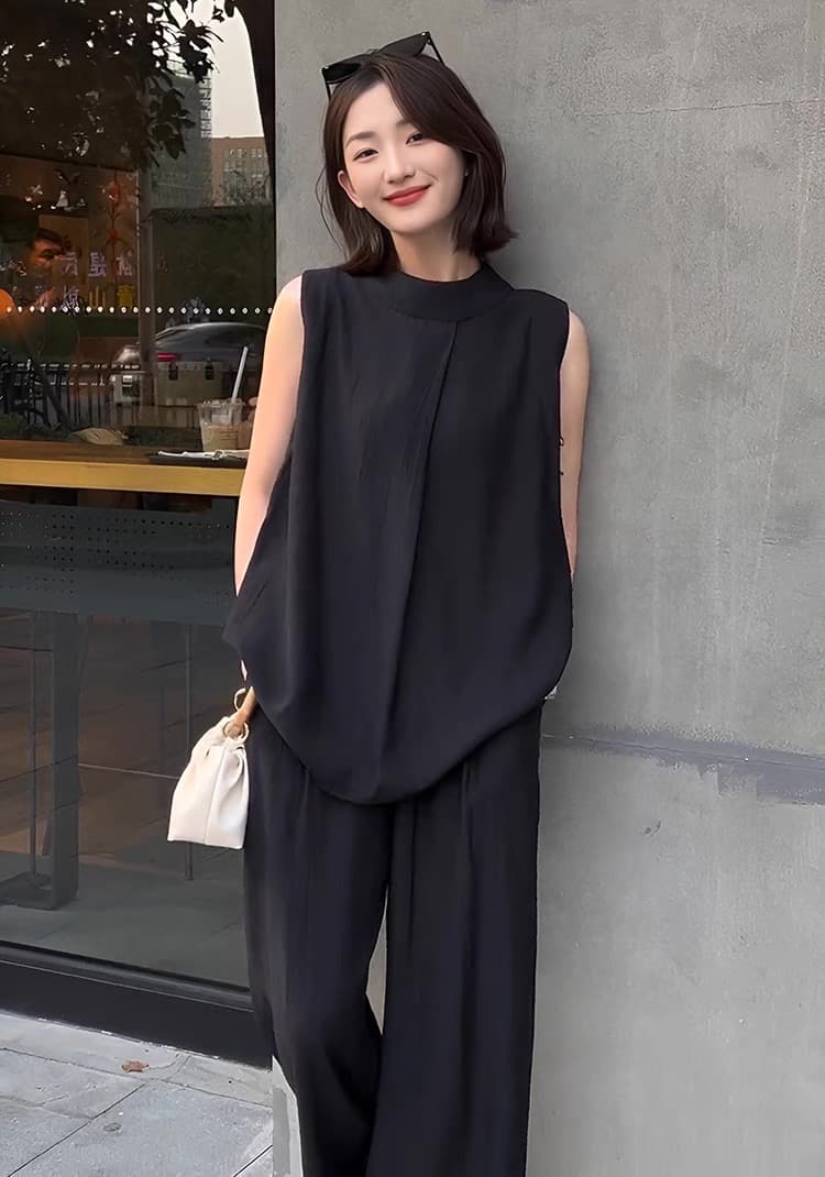 モード系ファッション 【M〜3XL対応】シンプルモード ノースリーブ×ワイドパンツ セットアップ