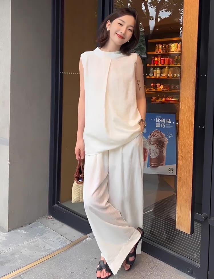 モード系ファッション 【M〜3XL対応】シンプルモード ノースリーブ×ワイドパンツ セットアップ