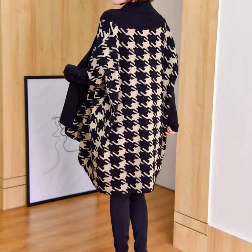 モード系ファッション 《2025秋冬新作》体型カバー×高級素材◆ウール混千鳥柄ジャケット／ロング丈アウター／レディースゆったり大きめサイズ対応／M-2XL展開