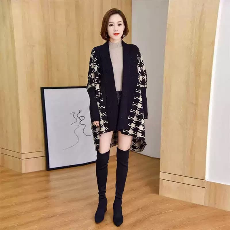 モード系ファッション 《2025秋冬新作》体型カバー×高級素材◆ウール混千鳥柄ジャケット／ロング丈アウター／レディースゆったり大きめサイズ対応／M-2XL展開